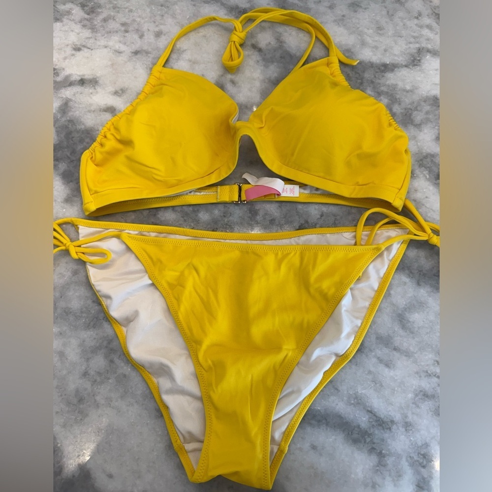 Victoria’s Secret Yellow Bikini Set XL Top L Bottom Halter Side Tie - Picture 2 of 5